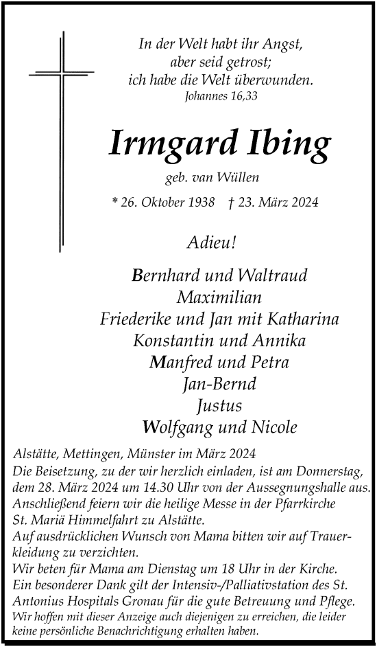 Traueranzeige von Irmgard Ibing von Münsterland Zeitung