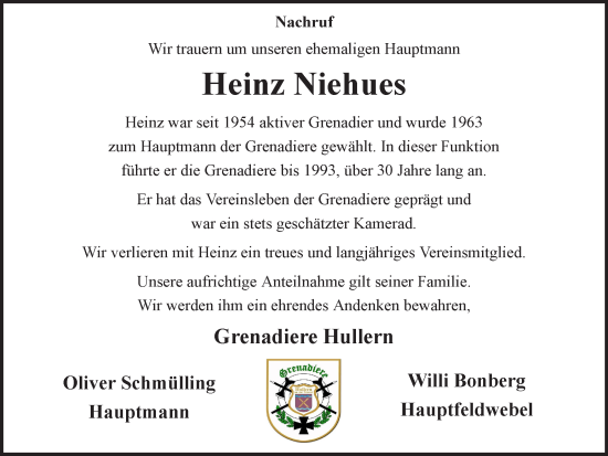 Traueranzeige von Heinz Niehues von Ruhr Nachrichten und Halterner Zeitung