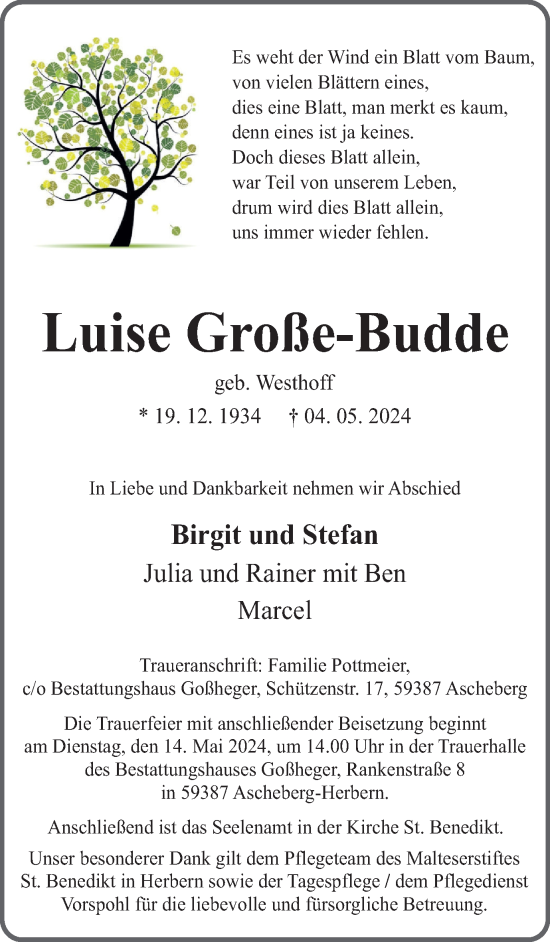Traueranzeige von Luise Große-Budde von Ruhr Nachrichten