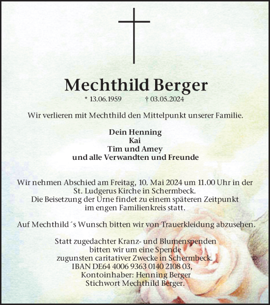 Traueranzeige von Mechthild Berger von Ruhr Nachrichten und Dorstener Zeitung