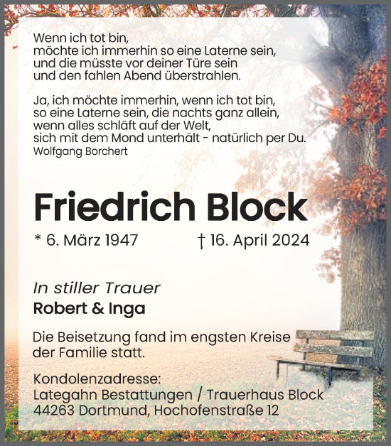 Traueranzeige von Friedrich Block 